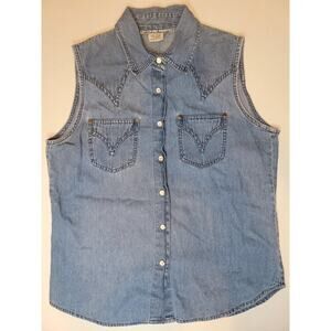 Adobe Rose Denim Western Sleeveless Horse Pearl Snaps Shirt Cowgirl Chic Studs